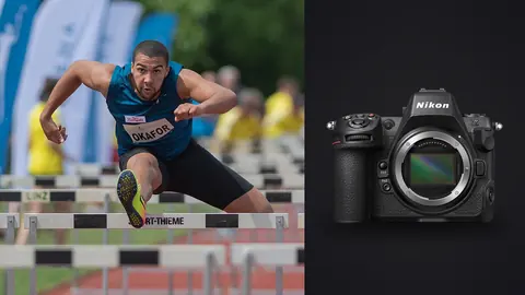 Nikon Z8 product photo beside hurdler clearing a barrier in a dynamic close-up