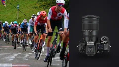 Nikon Z8 product photo beside cyclists descending a hill together in a tight group
