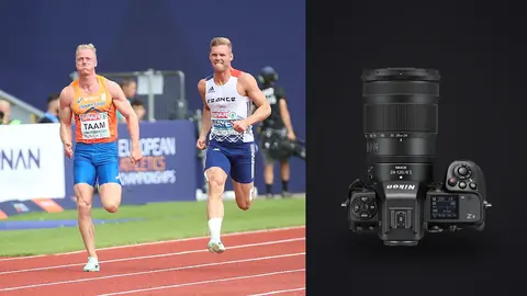 Nikon Z8 product photo beside four sprinters racing in separate lanes down a straight