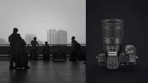 Nikon Z8 product photo beside family group silhouetted against a hazy skyline