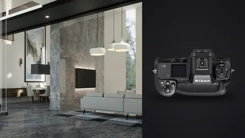 Nikon Z9 product photo beside modern living room with marble accent wall and pendant lighting
