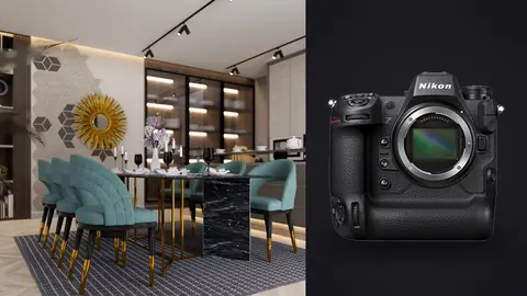Nikon Z9 product photo beside dining room with teal velvet chairs and marble table