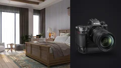 Nikon Z9 product photo beside traditional bedroom with patterned curtains and white bedspread