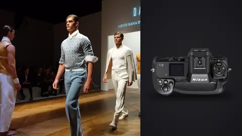 Nikon Z9 product photo beside male models in tailored suits walking a runway