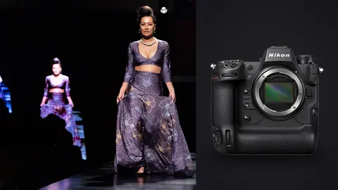 Nikon Z9 product photo beside model in a floral crop top and wide-leg pants on runway