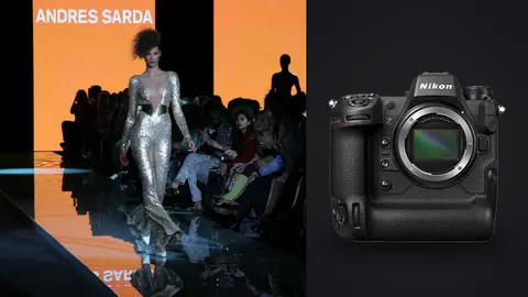 Nikon Z9 product photo beside model in a gold sequin jumpsuit walking a lit runway