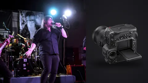 Nikon Z9 product photo beside singer performing with band on stage