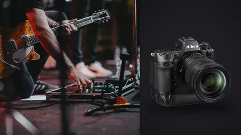 Nikon Z9 product photo beside close-up of guitarist playing on stage