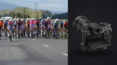 Nikon Z9 product photo beside cyclists riding together through open countryside with rolling hills