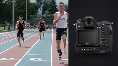 Nikon Z9 product photo beside military veteran sprinters with prosthetic legs racing down a track