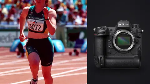Nikon Z9 product photo beside athlete sprinting alone on a track with a crowd behind