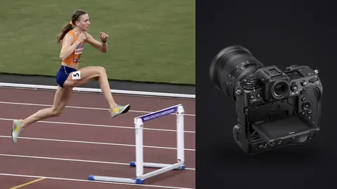 Nikon Z9 product photo beside hurdler clearing a barrier alone in a focused sprint