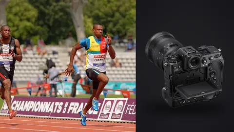 Nikon Z9 product photo beside sprinter launching low out of the starting blocks