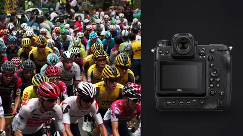 Nikon Z9 product photo beside tightly packed group of cyclists climbing with intense expressions