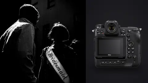 Nikon Z9 product photo beside two people at night, one wearing a bridesmaid sash