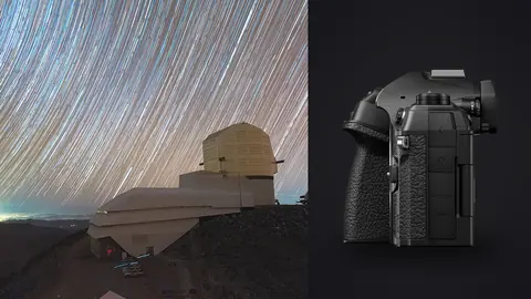OM System OM-1 Mark II product photo beside circular star trails above a domed observatory building