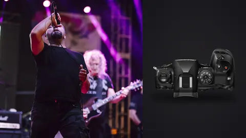 OM System OM-1 Mark II product photo beside singer performing on stage under purple lights