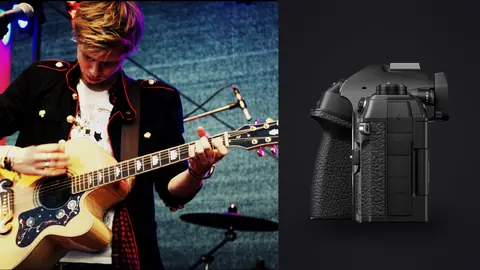 OM System OM-1 Mark II product photo beside guitarist performing on stage