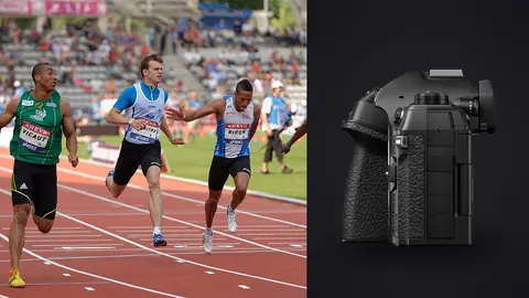 OM System OM-1 Mark II product photo beside four runners racing in a tight pack on a track