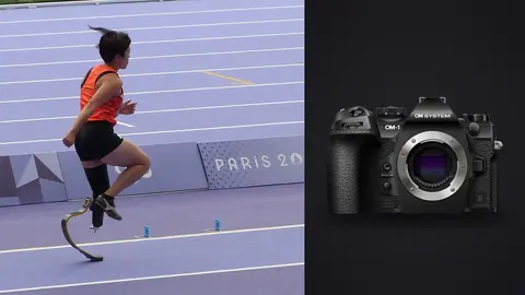 OM System OM-1 Mark II product photo beside female sprinter mid-stride running with a prosthetic blade