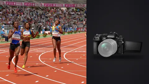 OM System OM-1 Mark II product photo beside sprinters driving hard around a curved section of track