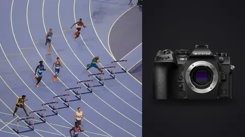 OM System OM-1 Mark II product photo beside hurdlers racing around a curved section of track