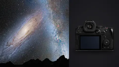 Panasonic Lumix S5IIX product photo beside andromeda galaxy and the milky way over a mountain silhouette