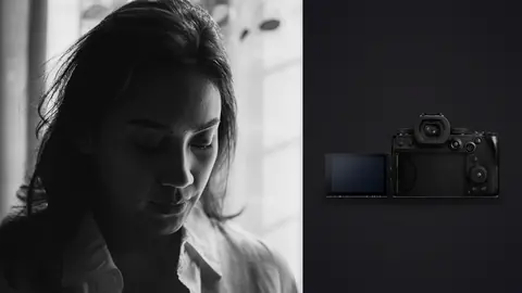 Panasonic Lumix S5IIX product photo beside black and white profile portrait with eyes closed by window