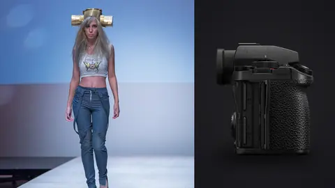 Panasonic Lumix S5IIX product photo beside model in a cropped top and jeans wearing a gold headpiece