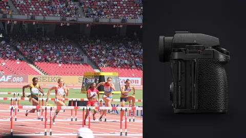 Panasonic Lumix S5IIX product photo beside hurdlers racing down a track lined with barriers