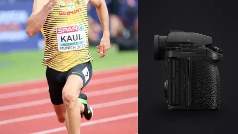 Panasonic Lumix S5IIX product photo beside male sprinter racing alone on an outdoor track