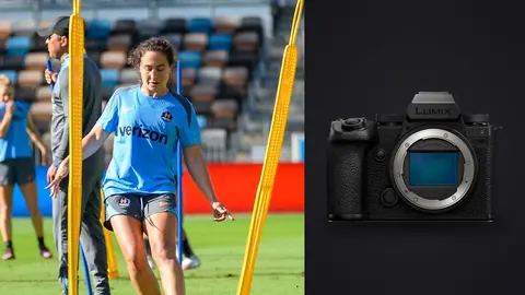 Panasonic Lumix S5IIX product photo beside soccer players moving through an agility pole drill