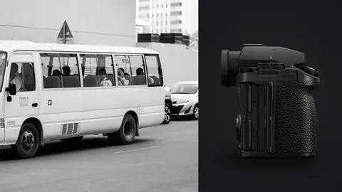 Panasonic Lumix S5IIX product photo beside passengers visible through the windows of a parked minibus