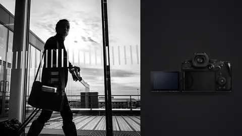 Panasonic Lumix S5IIX product photo beside silhouetted traveler walking through a glass terminal