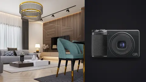 Ricoh GR IIIx product photo beside living room with statement chandelier and teal accent chair