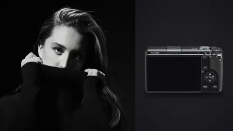 Ricoh GR IIIx product photo beside close portrait wrapped in black turtleneck against dark background
