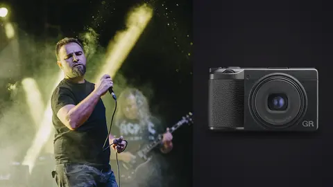 Ricoh GR IIIx product photo beside singer performing with band on stage