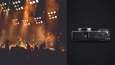 Ricoh GR IIIx product photo beside band performing on stage with light show