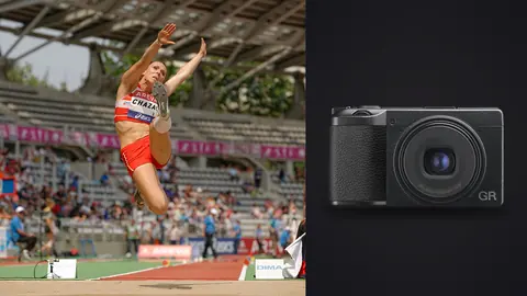 Ricoh GR IIIx product photo beside long jumper mid-air with arms and legs fully extended