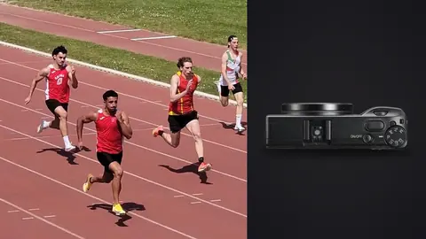 Ricoh GR IIIx product photo beside group of runners racing down a straight track