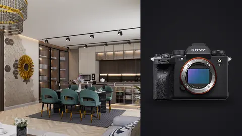 Sony Alpha 1 product photo beside dining area with teal chairs under a gold pendant light