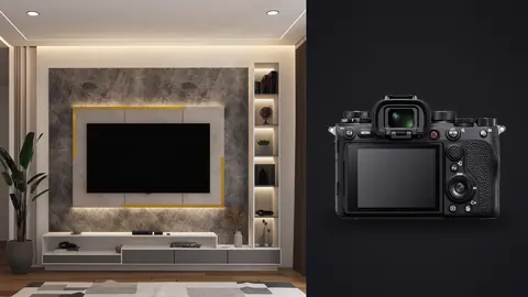Sony Alpha 1 product photo beside living room with marble accent wall around a mounted tv