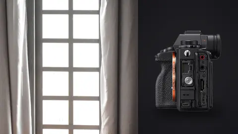 Sony Alpha 1 product photo beside grid-paned window flanked by sheer curtains