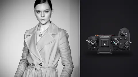Sony Alpha 1 product photo beside black and white portrait of a model in a belted trench coat