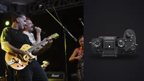 Sony Alpha 1 product photo beside musicians performing together on stage