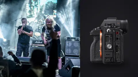 Sony Alpha 1 product photo beside musicians performing on smoky stage