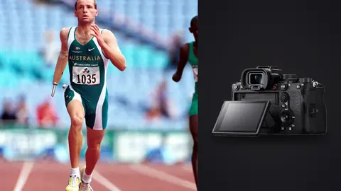 Sony Alpha 1 product photo beside lone male sprinter racing down an outdoor track lane