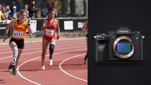 Sony Alpha 1 product photo beside three athletes racing side by side down a track