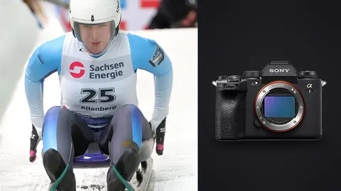 Sony Alpha 1 product photo beside athlete sliding down an icy track in a luge sled