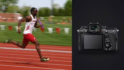 Sony Alpha 1 product photo beside male relay runner sprinting alone with a baton